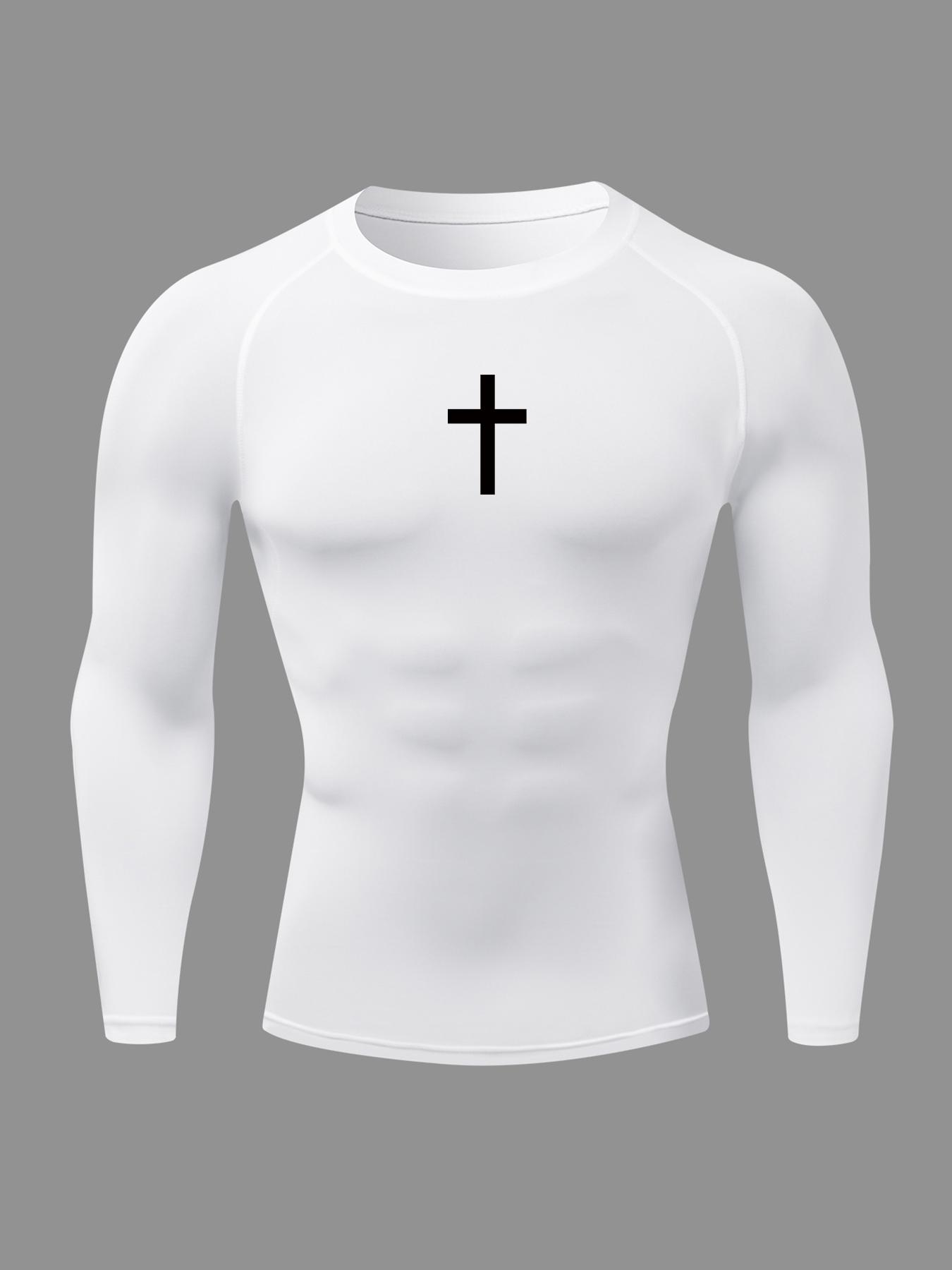 Men's Cross Print Round Neck Sports Tee, Tight Sporty Quick Drying Breathable Long Sleeve T-shirt, Men's Sportswear for Spring & Fall Gym Workout, Athletic Style High Performance Activewear, Quick Drying Top, Sports Tops