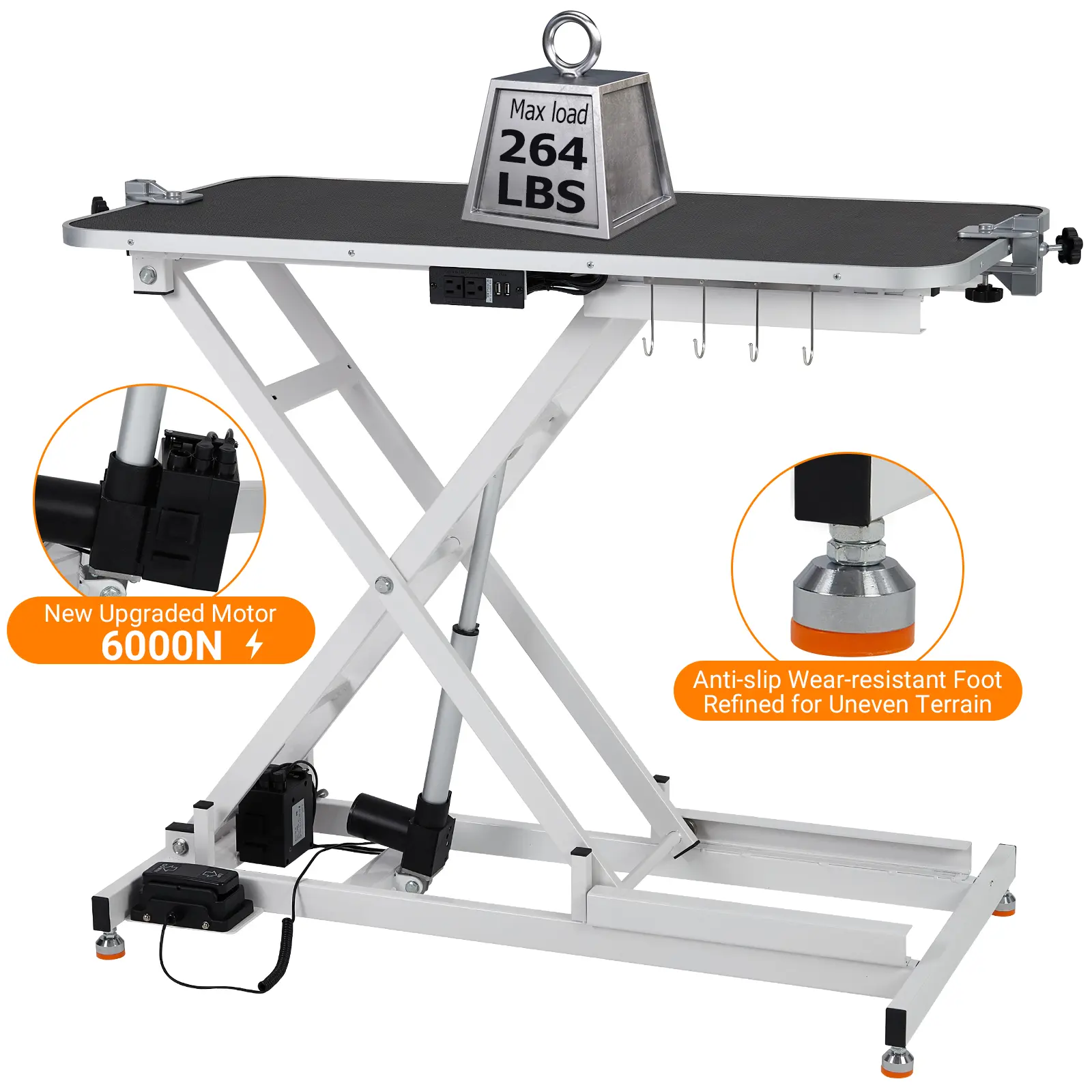 GARVEE Heavy‑Duty Electric Lifting Dog Grooming Table in White, height adjustable from 9.4"‑39.4" with foot‑pedal control. It features a non‑slip tabletop, overhead grooming arm, built‑in tool organizer and 3 restraining nooses.