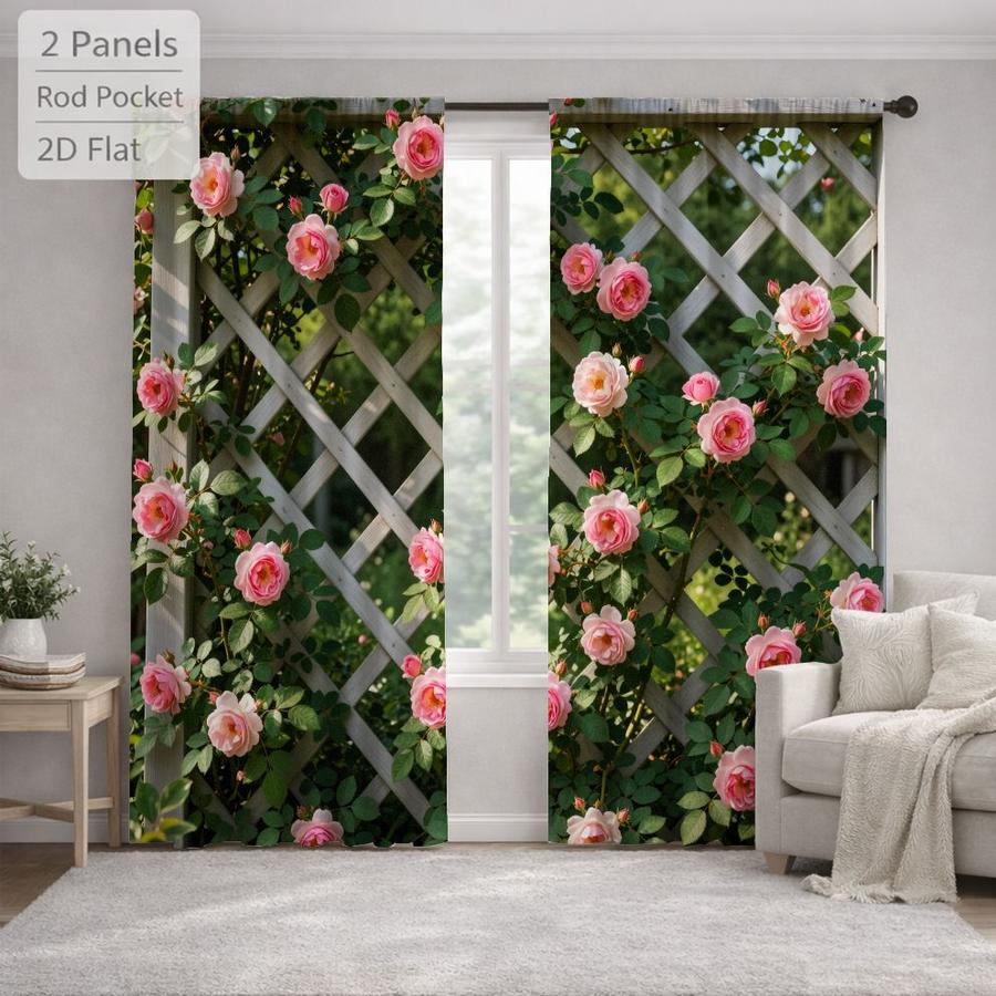 2Pcs Aesthetic Cottagecore Pink Rose Garden Trellis Sun Blocking Curtains Digital Printed Rod Pocket, Window Treatment For Bedroom Office Kitchen Living Room Study Home Decor