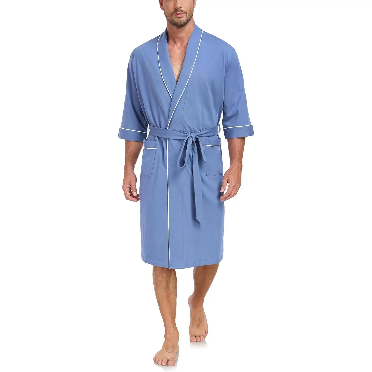 COLORFULLEAF 100% Cotton Men's Bathrobes Summer Kimono Short Sleeve Lightweight Soft Breathable Spa Robe for Men
