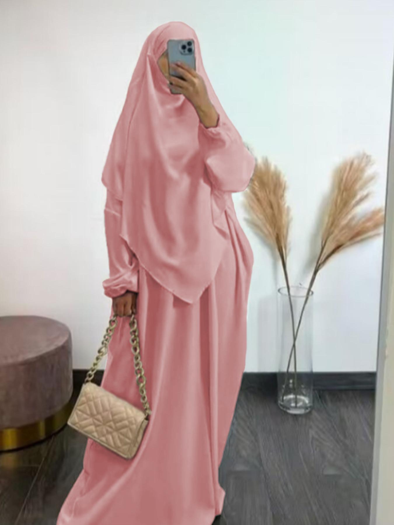 Women's Solid Long Sleeve Abaya & Hijab Set, Modest Fashionable Two-piece Outfits for Women, Women's Islamic Clothing for Daily Wear