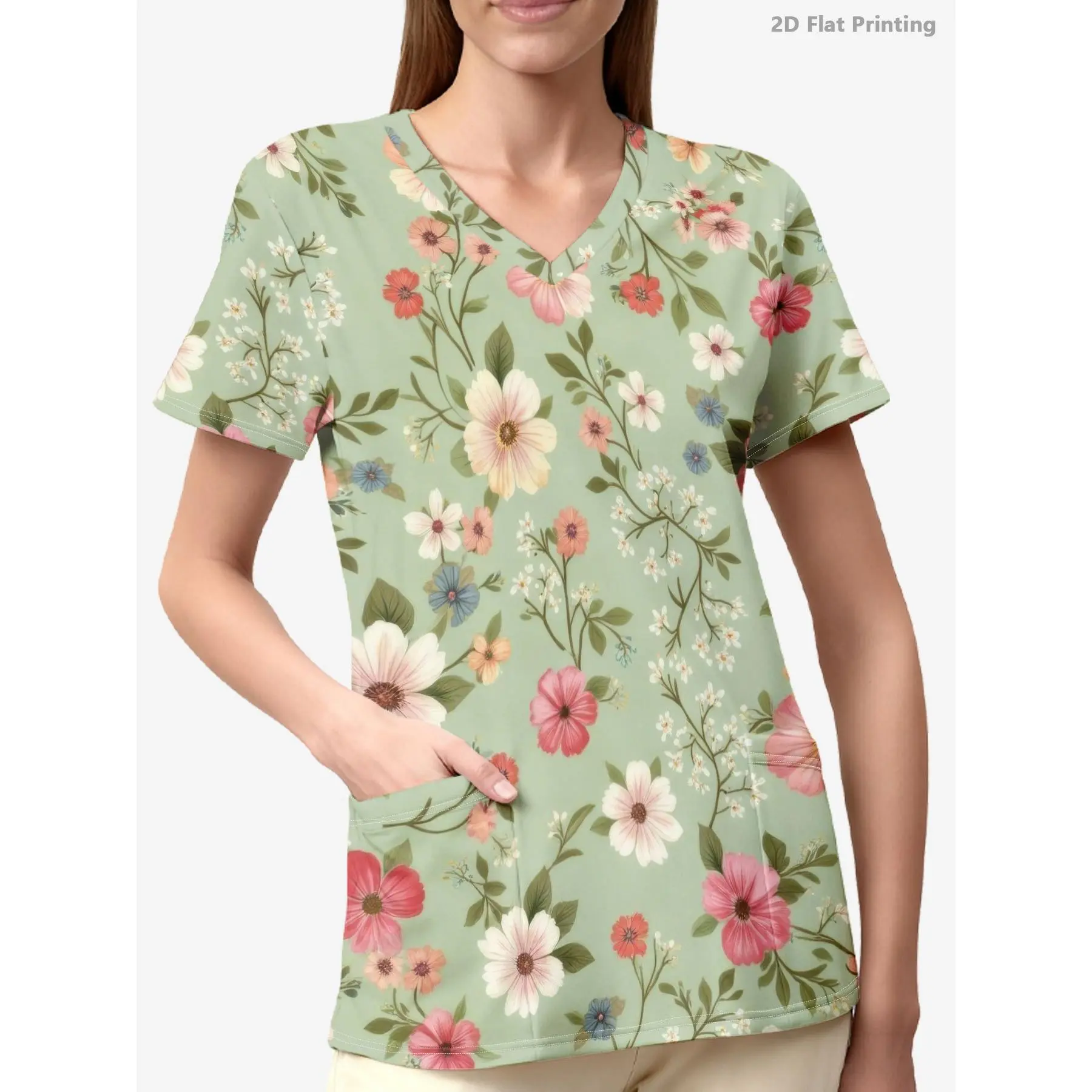 Women'S Short-Sleeve V-Neck Nurse Uniform with Pockets, Featuring a Modern Minimalist Style, Floral Digital Print, Soft And Comfortable, Machine Washable, Versatile And Practical