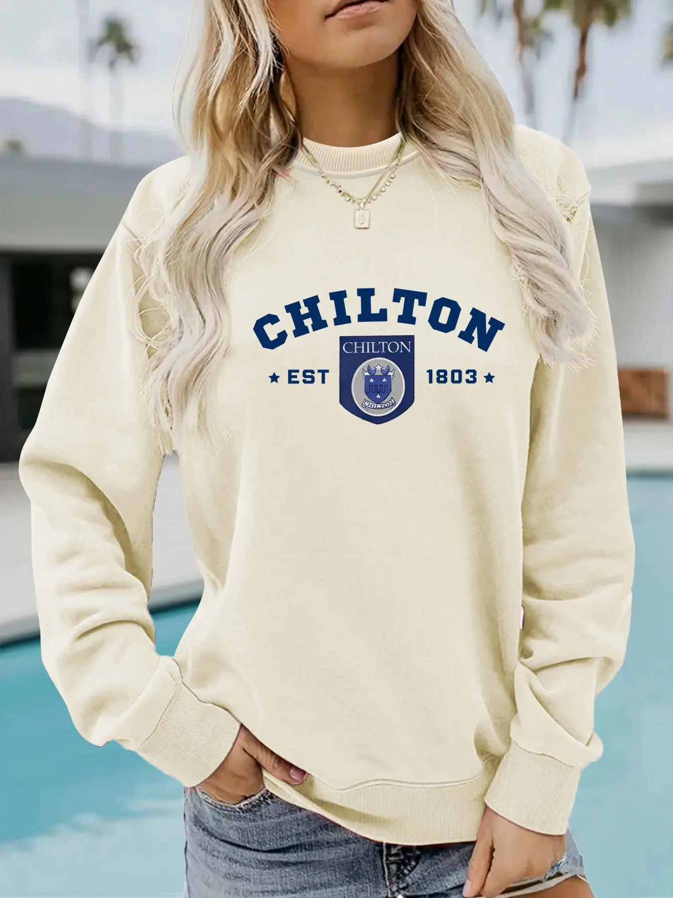 Chilton Printed Sweatshirt for Women, Casual Long Sleeve Round Neck Pullover, Lightweight Fall Winter Sportswear, Loose Fit