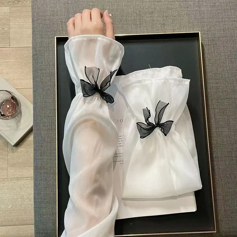 Women Organza Bow UV Protection Arm Sleeves, Flared Bell Cuff Sheer Ice Sleeves, Summer Driving Cycling Sun Protection Arm Covers