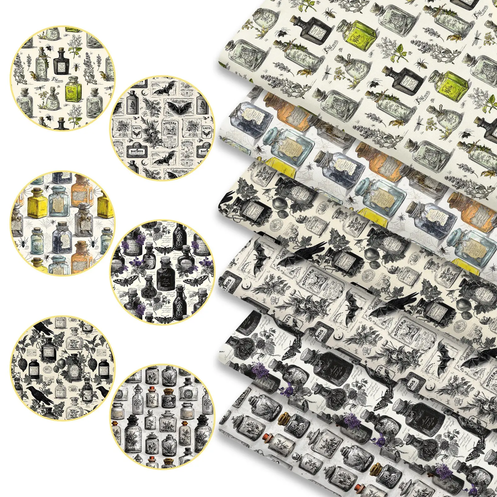 6pcs Vintage Apothecary Print Fabric Bundles, 45cm*50cm/17.72in*19.69in Retro Pharmacy Pattern Fabric Squares for Quilting, Patchwork DIY Sewing Material for Bedding, Tablecloth, Bags, Masks, Hats, Headbands, Pillowcases