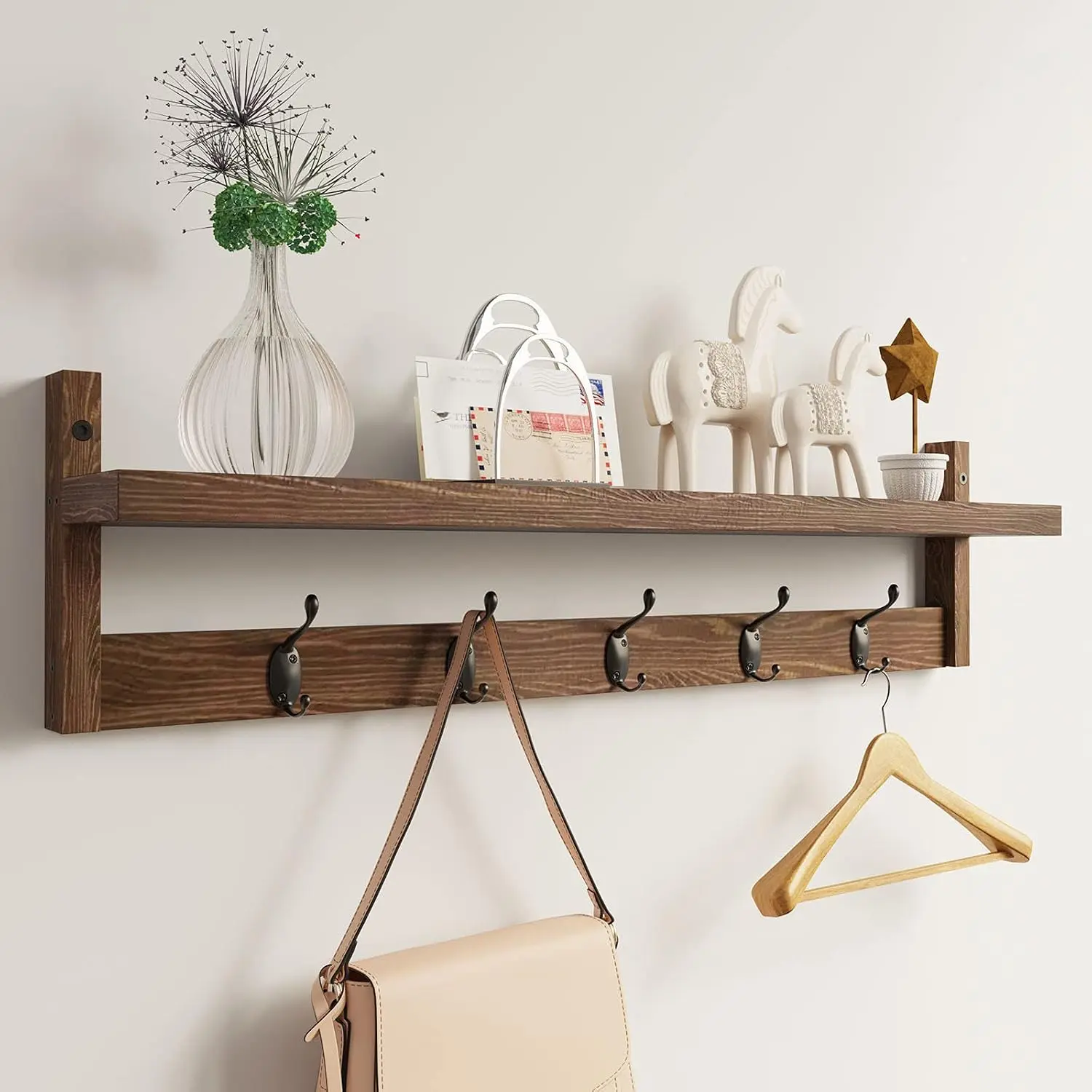 28.9 Inch Length Shelf with Hooks Entryway Coat Rack Wall Mount  Coat Hooks with Shelf Wall-Mounted Coat Hook Rack with 5  Hooks for Bathroom, Living Room, Bedroom (Brown)