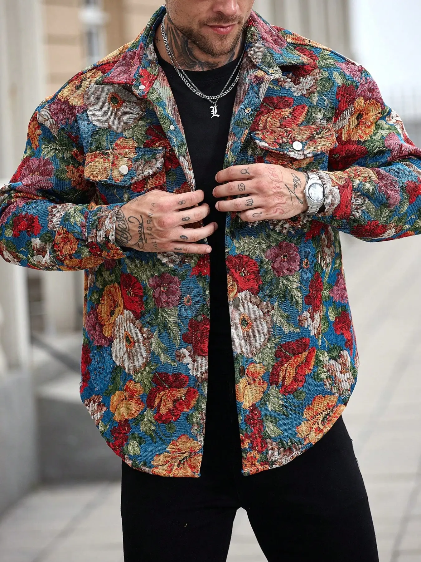 2026 New Arrival Men Retro Floral Tapestry Jacquard Shirt Jacket Flower Print Point Lapel Dual Chest Pocket Button Down Long Sleeve Loose Fit, Casual Streetwear Top, Coat Vintage Hip Hop Streetwear Color Options Spring Fall Outfit