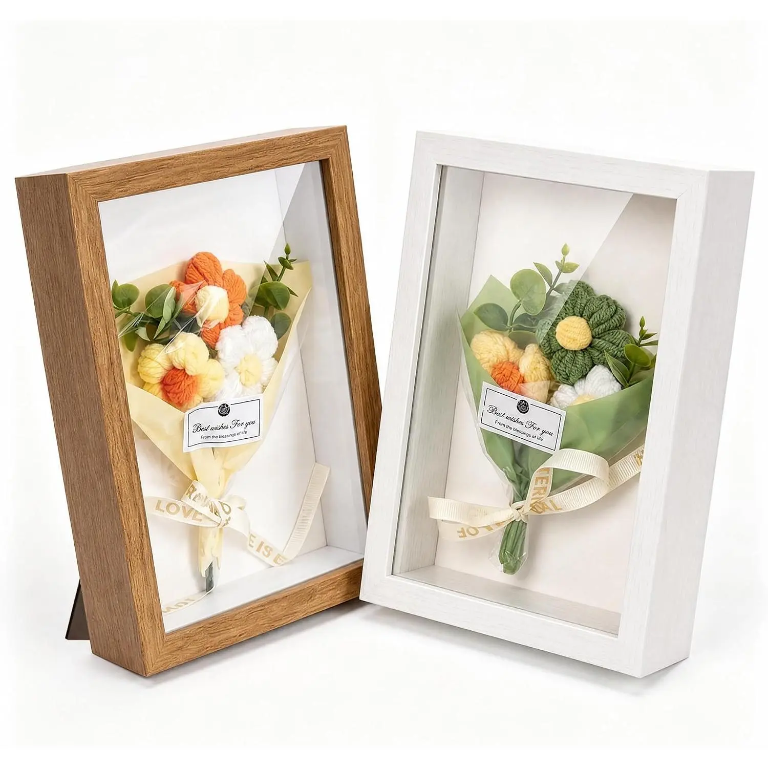 2Pack 5x7 Shadow Box Frame w. Mini Crochet Flower Bouquet, Small Shadow Box Frame, DIY Shadow Boxes Display Cases for  Decor, Wedding, Birthday for Women, Mom,