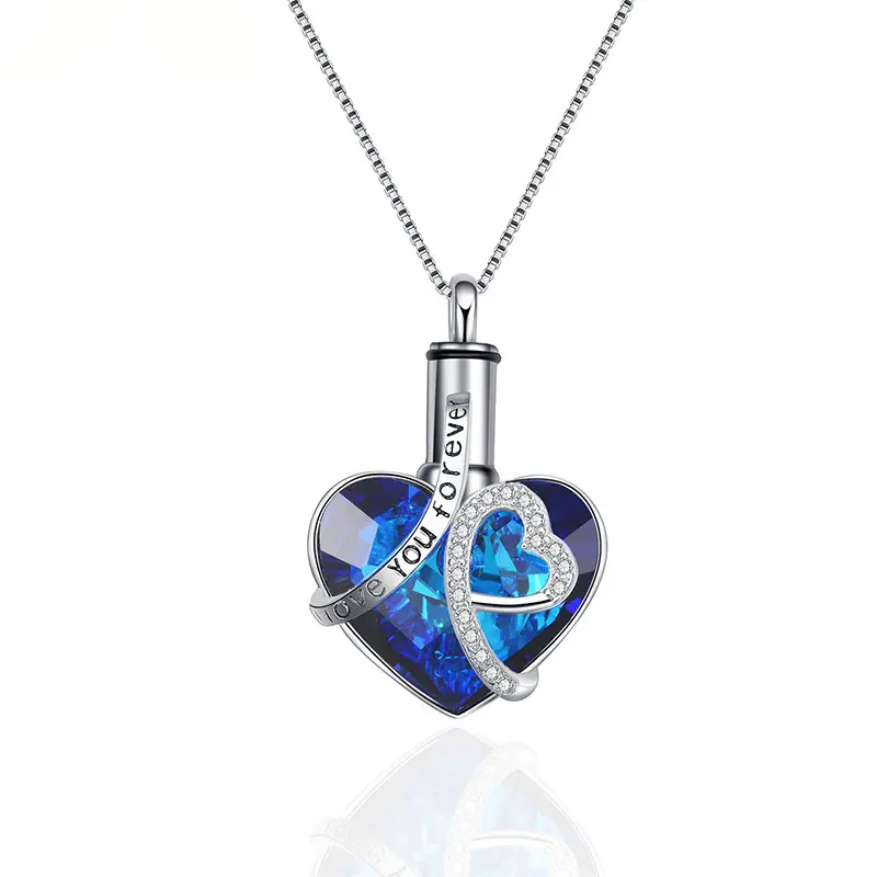 Heart Urn Necklace for Ashes for Women, Blue Crystal Engraved Love You Forever Pendant, Openable Vial Holds Pet/Human Ashes or Perfume, Memorial Keepsake Cremation Jewelry Gift for Anniversary Remembrance