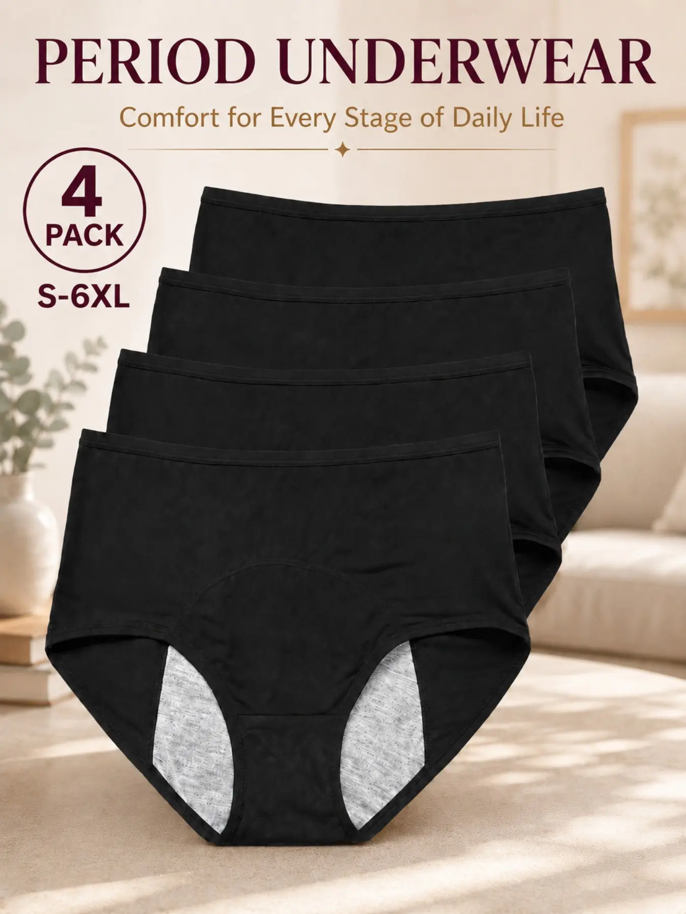 4 Pack Black High Waisted Period Underwear for Women, Leakproof Breathable Full Coverage Menstrual Briefs, Soft Comfortable Everyday Period Panties for Day and Night, All-Season Essentials