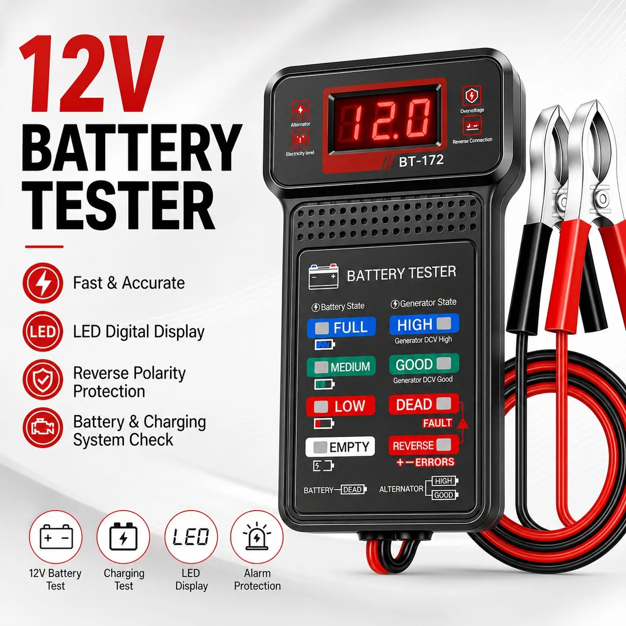 Bt172 12V Car Battery Tester, Professional Auto Battery Analyzer, LED Display, Charging System Tester, Automotive Diagnostic Tool