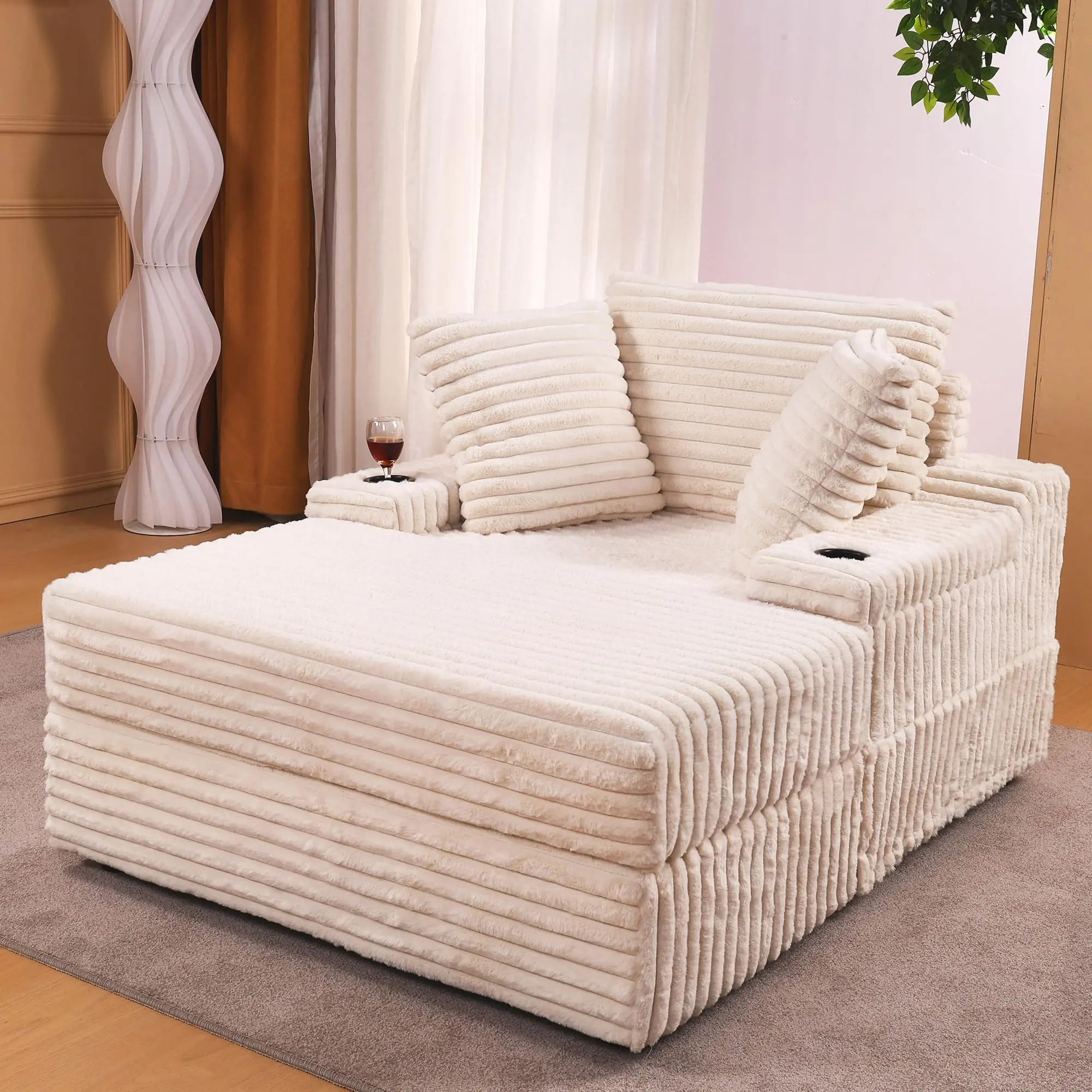 Modern Indoor Corduroy Chaise Lounge with Ottoman & Throw Pillows, Lounge Chair with Armrests, Storage & Cupholder, Deep Seat Sofa Bed for Living Room Reading