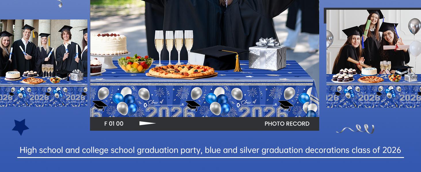 3 pcs Graduation Tablecloths 108x54 inch Graduation Table Cloths Class of 2026 Blue and Silver Tablecover Decorations Grad Plastic Tablecloth