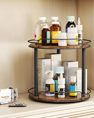 9.1'' Wood Lazy Susan Turntable Organizer for Cabinet, 2 Tier Lazy Susan Spice Rack Organizer for Kitchen, Table Top, Countertop, Pantry, Medicine Organizer