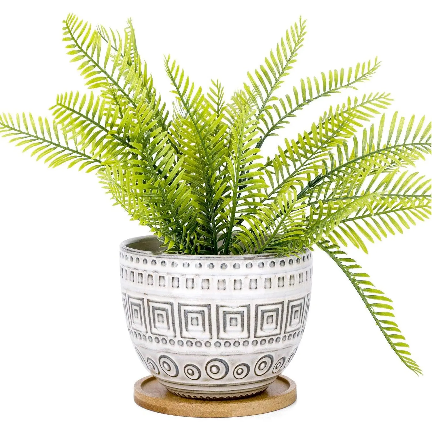 5.5 inch Large Round Bohemian Style Ceramic Planter, Geometry Engrave  Brown Succulent Planter Flower Pot, Indoor Outdoor Decorative Planter