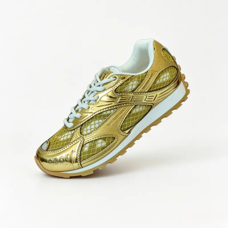Unisex Shiny Metallic Gold Mesh Panel Retro Sneakers, Lace Up Lightweight Vintage Running Trainers, Breathable Glossy Colorway Fashion Casual Walking Shoes for Street Daily Outdoor Lifestyle