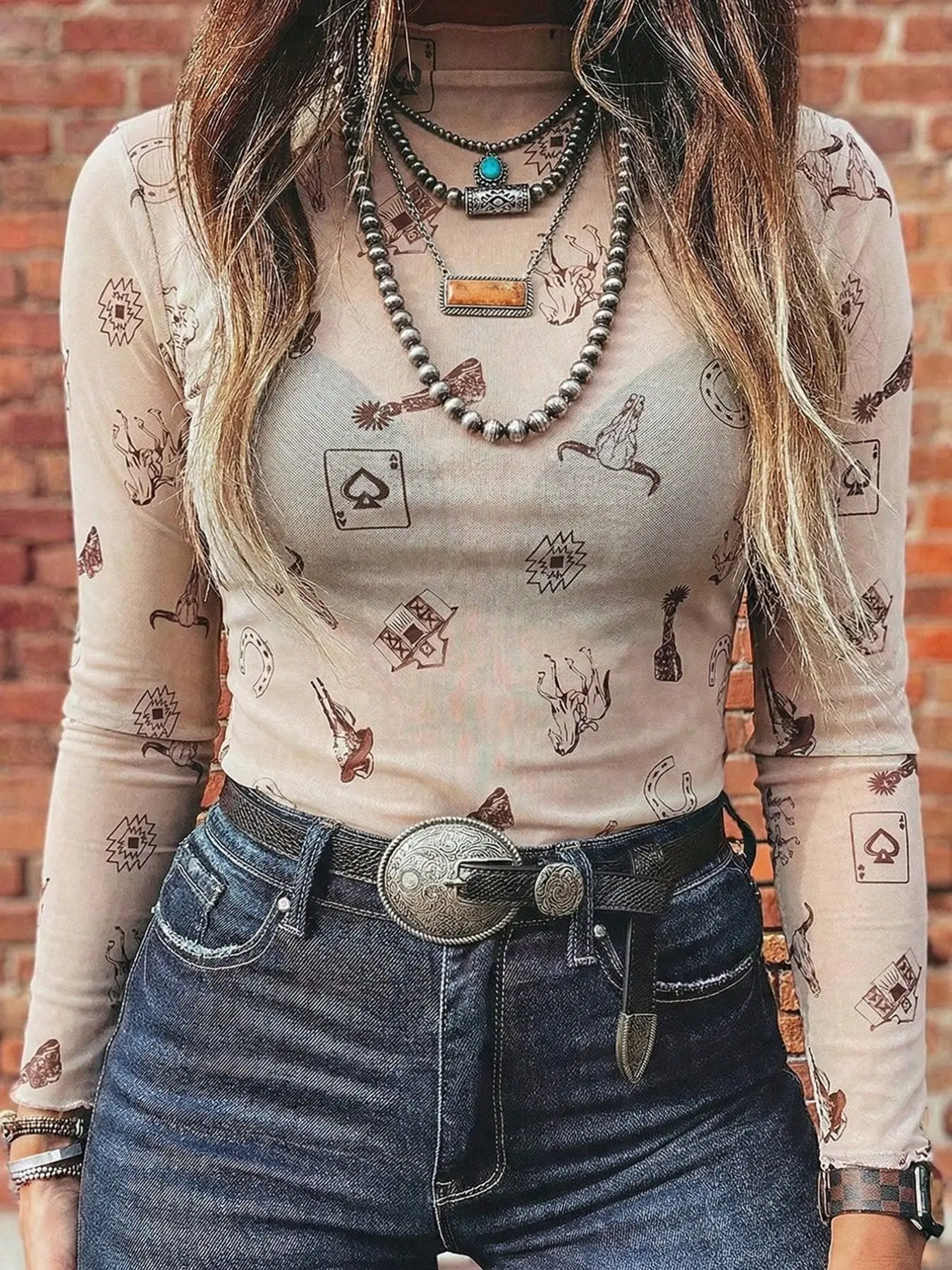 Women's Printed Mesh Stand Collar Long Sleeve Top, High Elasticity Fitted Underwear, Casual Fall & Winter Wear, Medium Length H-Type, Style, Casual Comfy Clothes