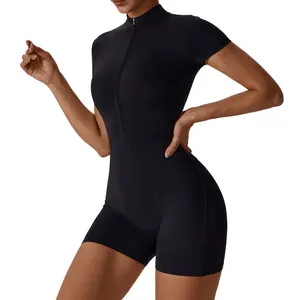Women’s Solid Color Short Sleeve Half Zip Mock Neck Skinny Romper, Stretchy Quick Dry Casual Sports Outfit Suitable For Yoga, Gym, Workout And Daily Running Activities
