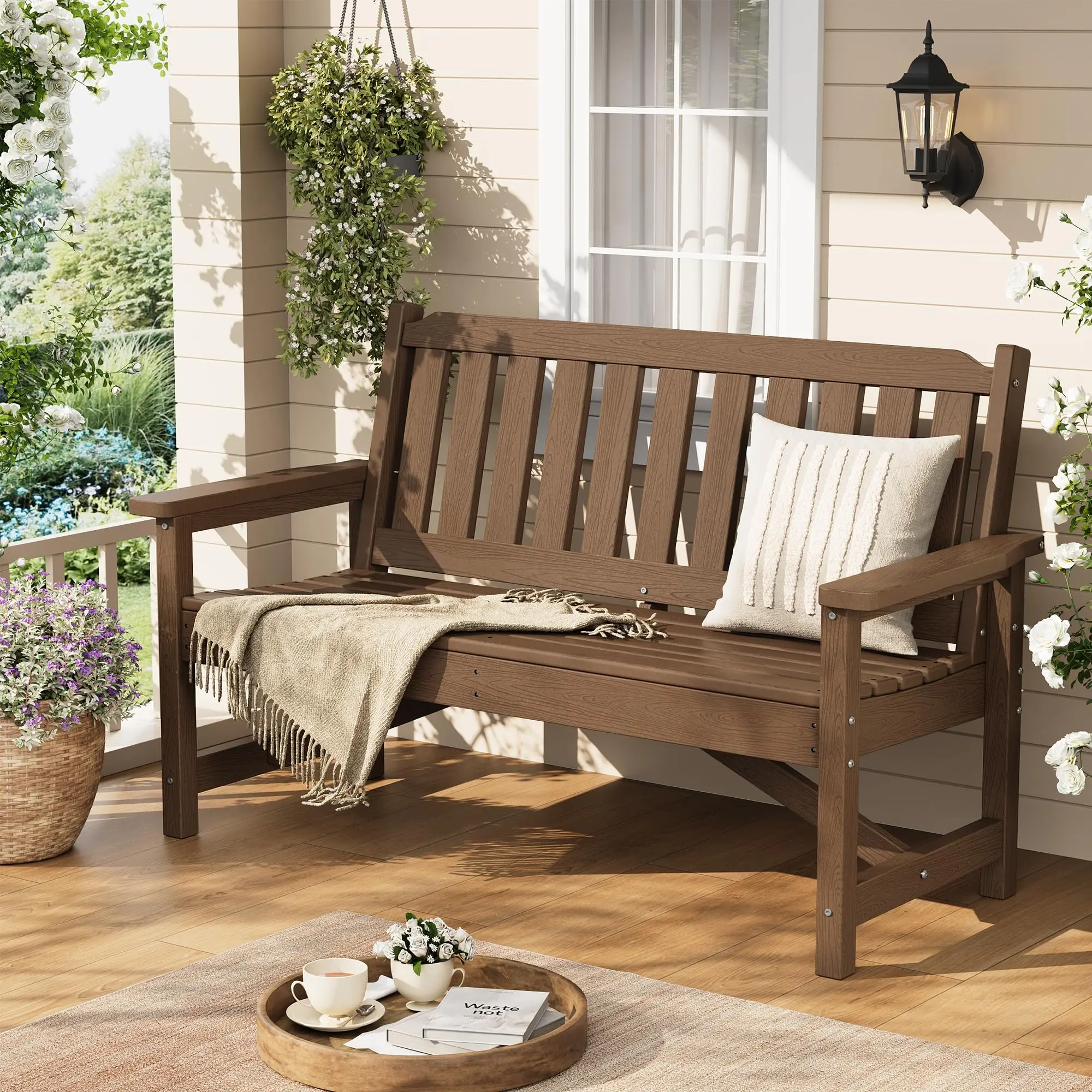 Outdoor Bench with Armrests – HDPE Patio Slatted Bench, Heavy Duty 600LBS Capacity, All-Weather Garden Bench for Backyard, Porch, Deck & Poolside