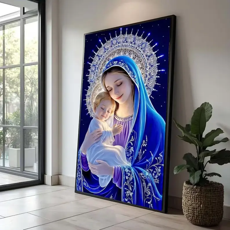 Madonna and Child Canvas Wall Painting - 1-Piece Minimalist Colorfast Christianity-Inspired Decor with Virgin Mary Blue Cloak for Spiritual Home Spaces, House Decor
