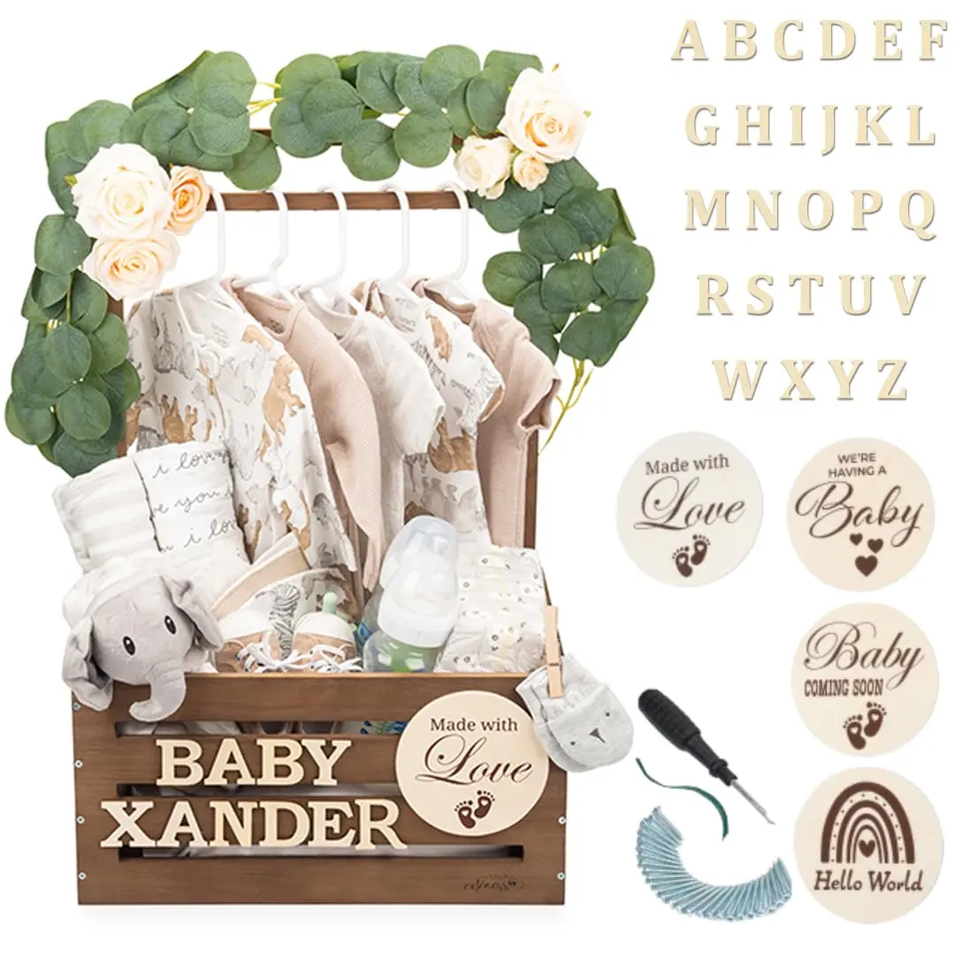 Rustic Brown Rectangular Wooden Decorative Basket, Nursery Baby Shower Organizer Storage Crate with Dual Rod System, Personalized Baby Gift, Easy Assembly, 16"l x 11.8"w x 8"h, Decorative Baskets