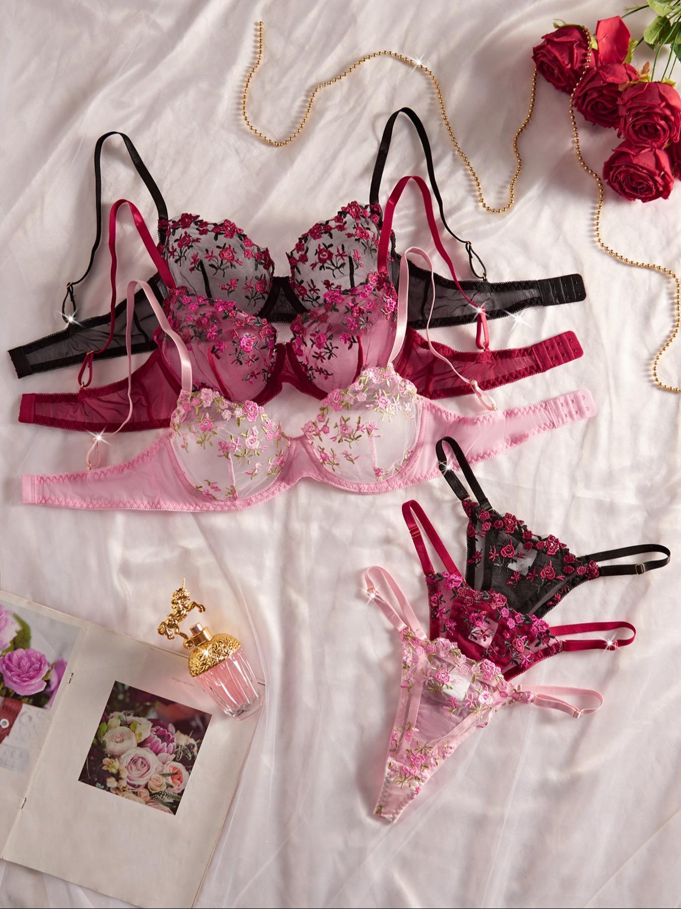 Women's Floral Embroidery Sheer Lace Bra & Thong Set, Sexy Adjustable ...