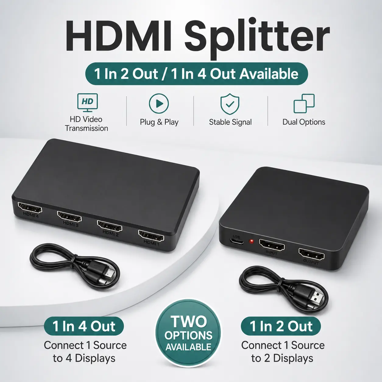 4K HDMI Splitter 1 in 4 Out for Dual Monitor Display - Reliable Video Adapter for Gaming Consoles, PC & Home Theater