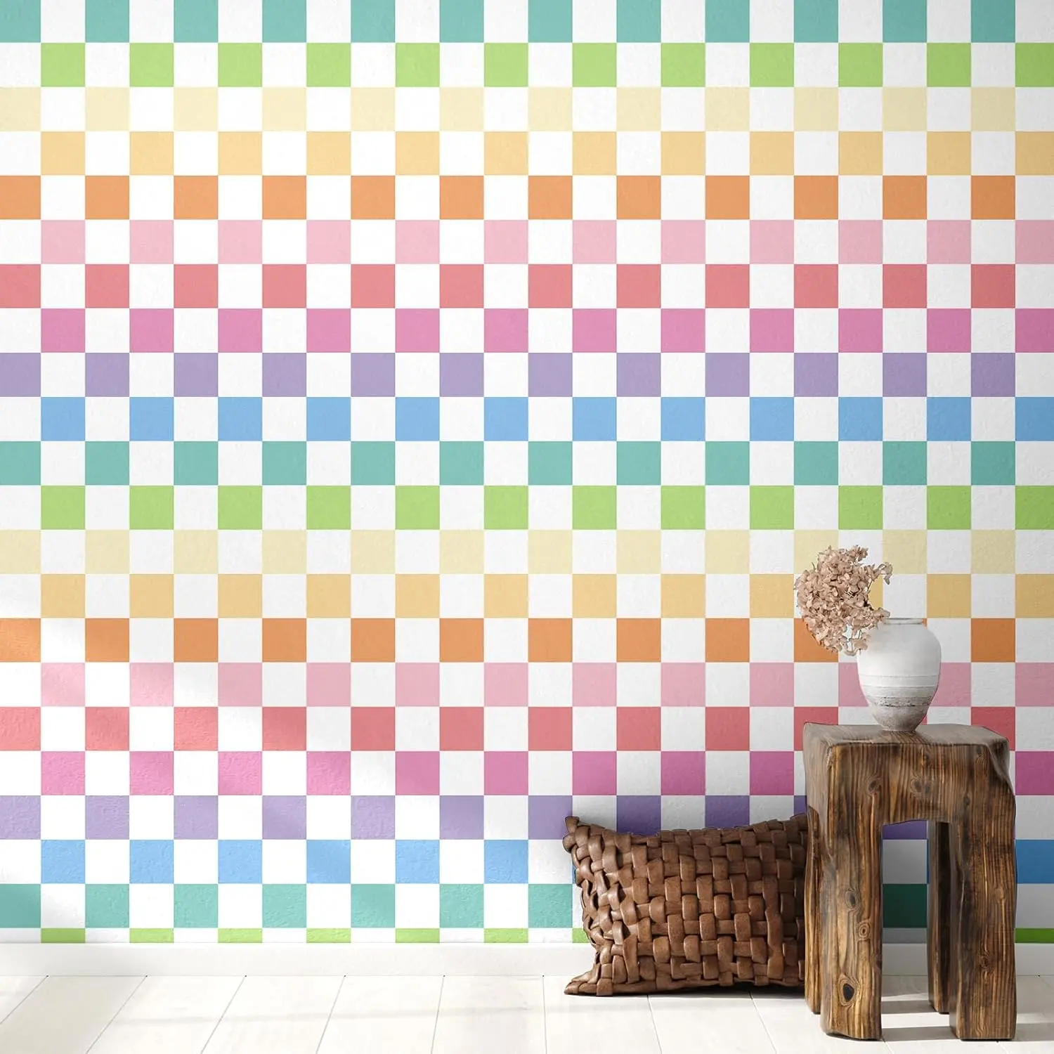 Rainbow Checkered Peel and Stick Wallpaper Gingham Plaid Funky Checkered Contact Paper Waterproof Vintage Checkerboard Decor for Bathroom Cabinet(15.75'' x 118")