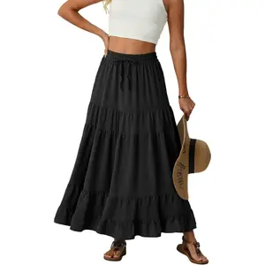 Women's Flowy Boho Elastic High Waist Maxi Skirt Floral A-Line Tiered Long Skirts for Women with Pockets
