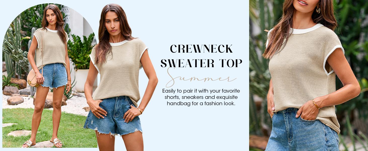 Saodimallsu Womens Summer Cap Sleeve Knit Tops Casual Sleeveless Sweater Vest Crew Neck Color Block 2025 Trendy Tank Top