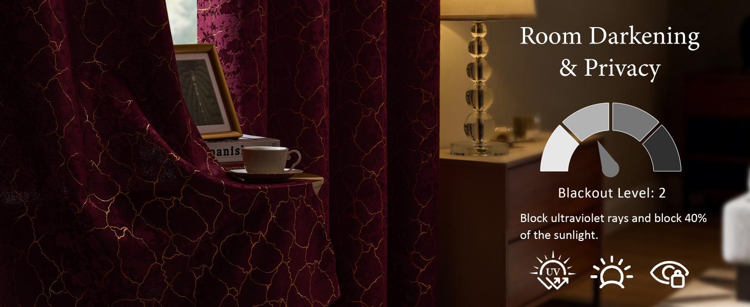 Burgundy Curtains 84 Inches Long 2 Panels Maroon Curtains Room Darkening Drapes Gold Grommet Victorian Marble Textured Window Treatment for Living Room Bedroom, 52x84