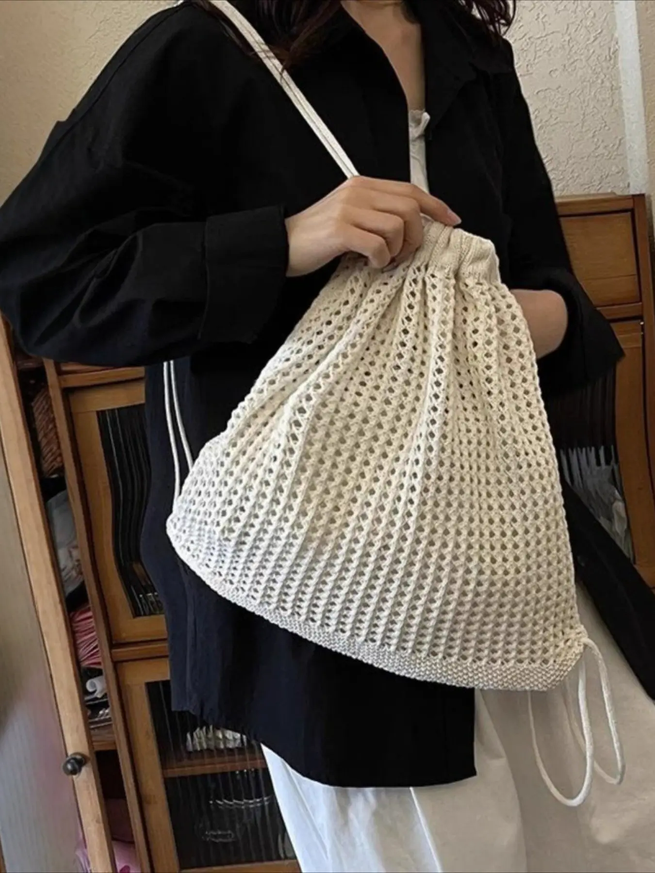 Bohemian woven drawstring backpack, mesh crocheted drawstring bag, summer beach leisure travel backpack