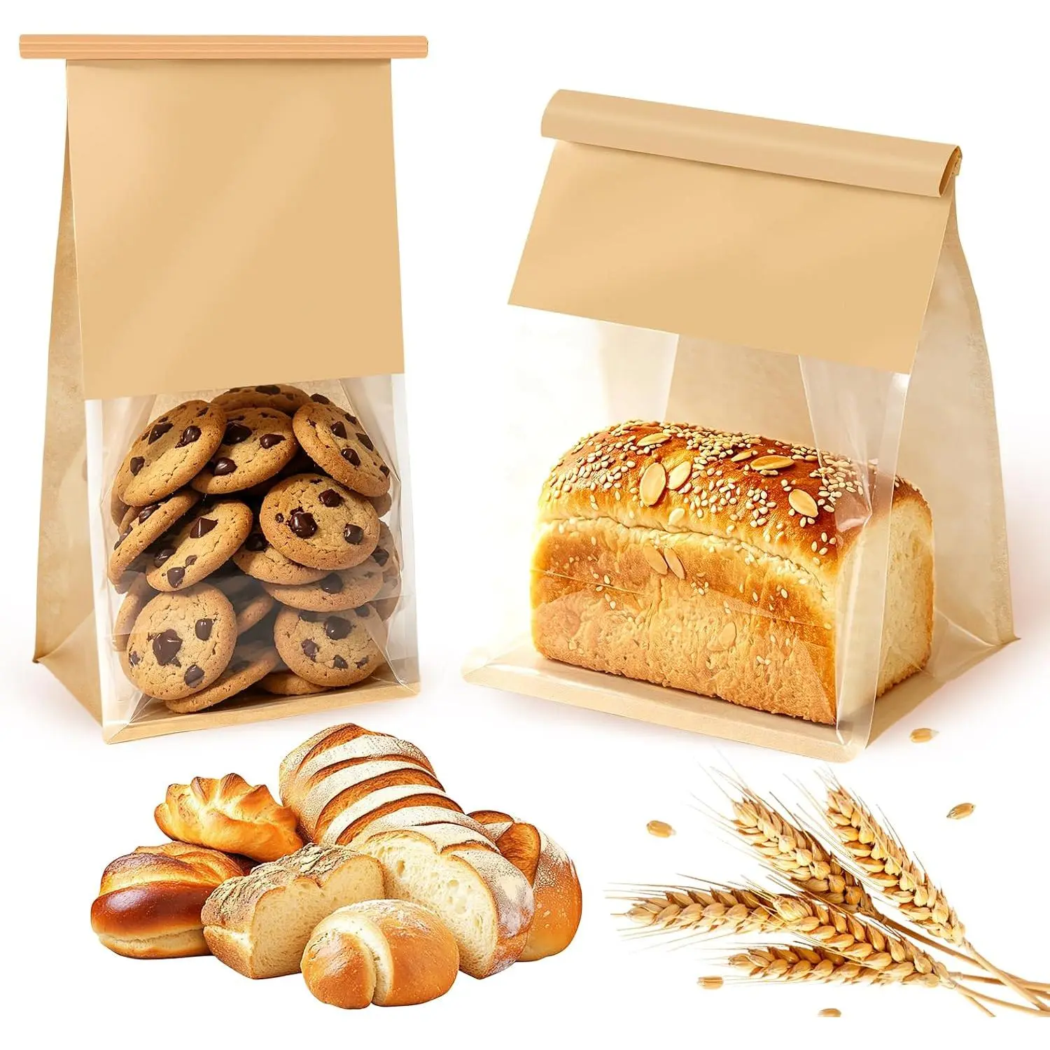 Bakery-Grade Bread & Cookie Bags for Homemade Snack, 2-Size 25 count | Luxury Brown Paper Bags with Clear Window,  Tin Tie, Odor-Free Safe for Sourdough, Popcorn, Bake & Snack Storage