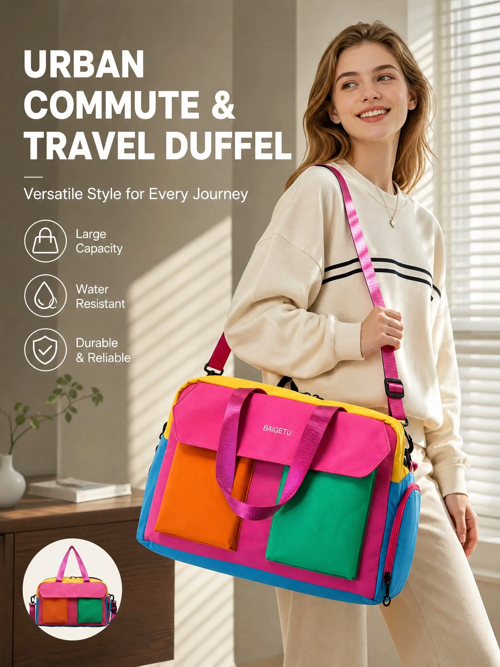 Colorblock Travel Backpack, Handheld Crossbody Bag for Women, Large Capacity Outdoor Luggage Organizer, Sports Yoga Dance Fitness Bag