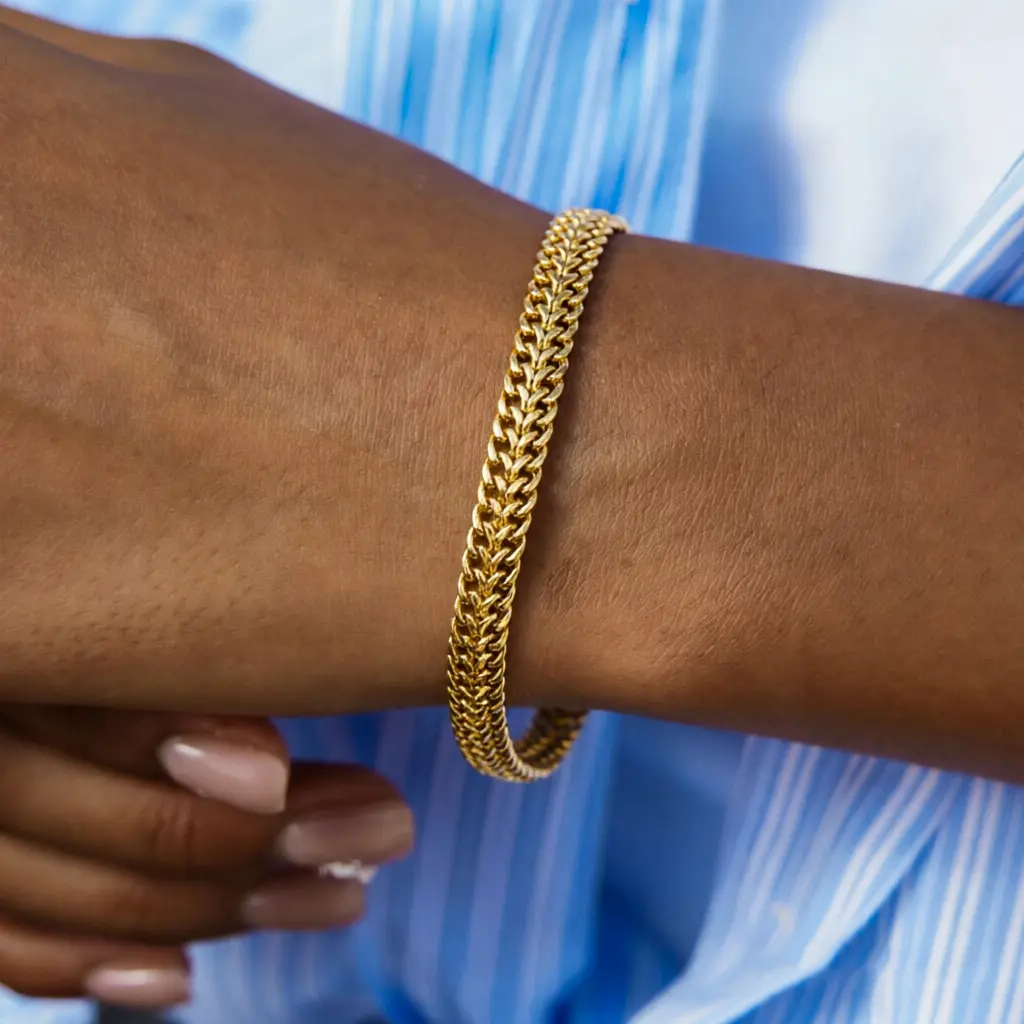 Effortless Glamour Thick Wheat Chain Bracelet Baddie Viral Gold Tone Stainless Steel Tight Weave Foxtail Chain Wrist Band Minimalist Stackable Jewelry For Women Daily Wear