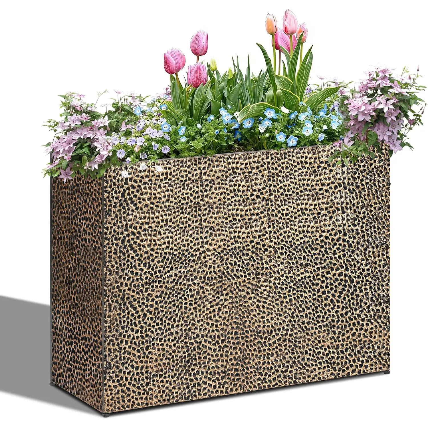 Tall Planters for Outdoor  - Hand-Hammered Metal Large Rectangular Block Planter Box with Drainage Holes, Modern Planters Indoor Outdoor Flower  Pots Patio Yard Front Porch Deck,32x12x24"