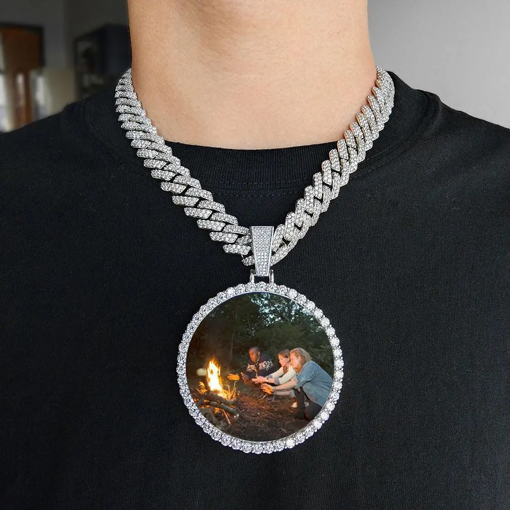 [ICE HUE]18K Gold Vacuum Plated Copper with 5A+ Sri Lanka Zircon Medium Round Plated Memory Medallions Custom Picture Design Pendant With Necklace Miami Italy Mexico & Micro Inspired for Women & Men Luxury Jewelry,Daily Wear,Fashion,Gift,Chicano,Hip Hop