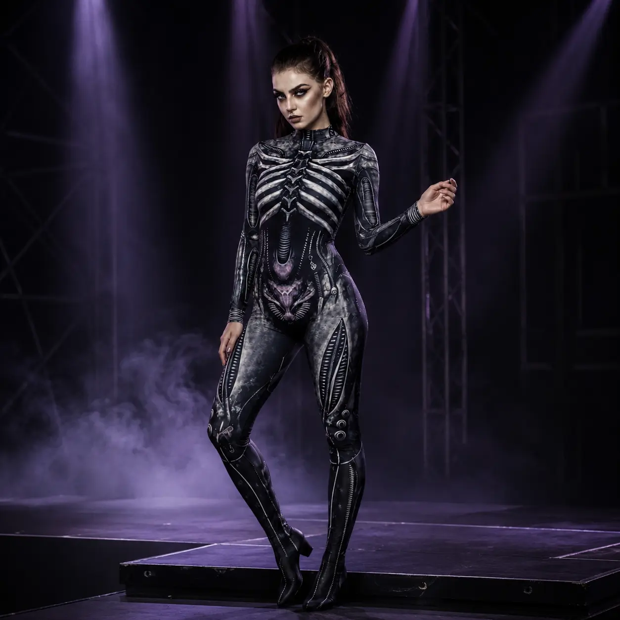 Women’s Biomechanical Skeleton Print Jumpsuit, Long Sleeve High Neck Full Length Bodysuit, Gothic Halloween Costume for Adult Women, Cosplay Party, Haunted House, Festival, Stage Performance and Themed Events