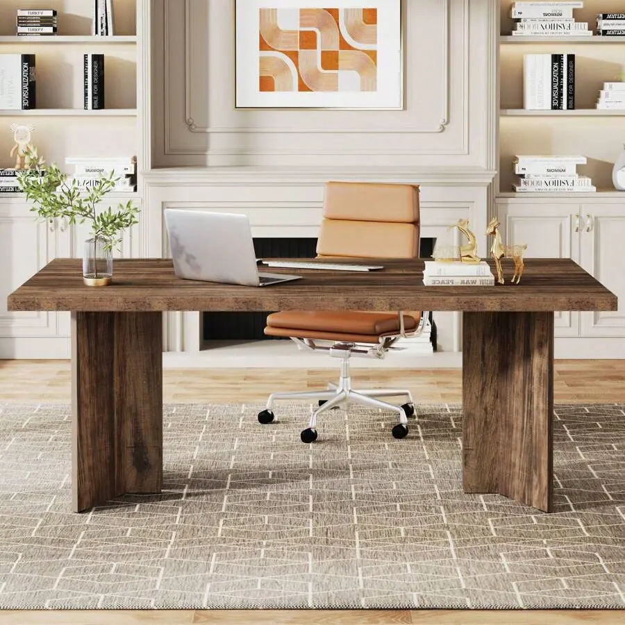 63-Inch Executive Desk, Vintage Home Office Computer Desk With Large Tabletop, Farmhouse Wood Writing Conference Table Workstation Office, Study