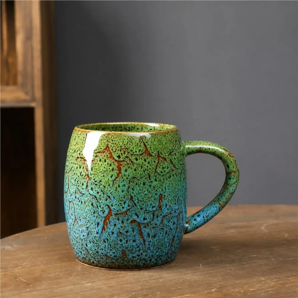 21oz Large  ceramic Mug, Big Ceramic  Cup, Durable and Heavy Microwave and Dishwasher Safe Pottery Coffee Mug with Handle, Reactive  Stoneware Clay coffee mug (Blue and Green)