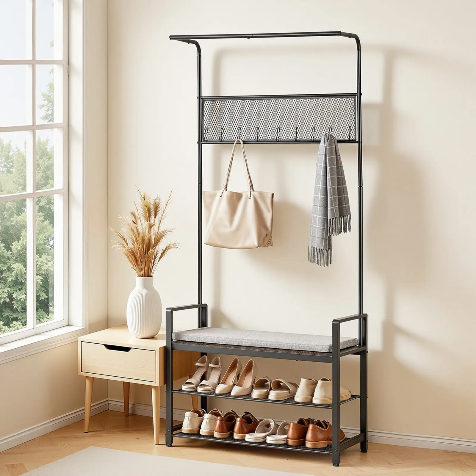 【Summerfinds】VEVOR Hall Tree, 72 in Coat Rack with Shoe Bench, Freestanding 2-Tier Shoe Rack Storage Organizer with Hooks, Hanging Rod and Wire Shelf, Steel Frame Entrance Coat Holder for Entry, Bedroom, Closet