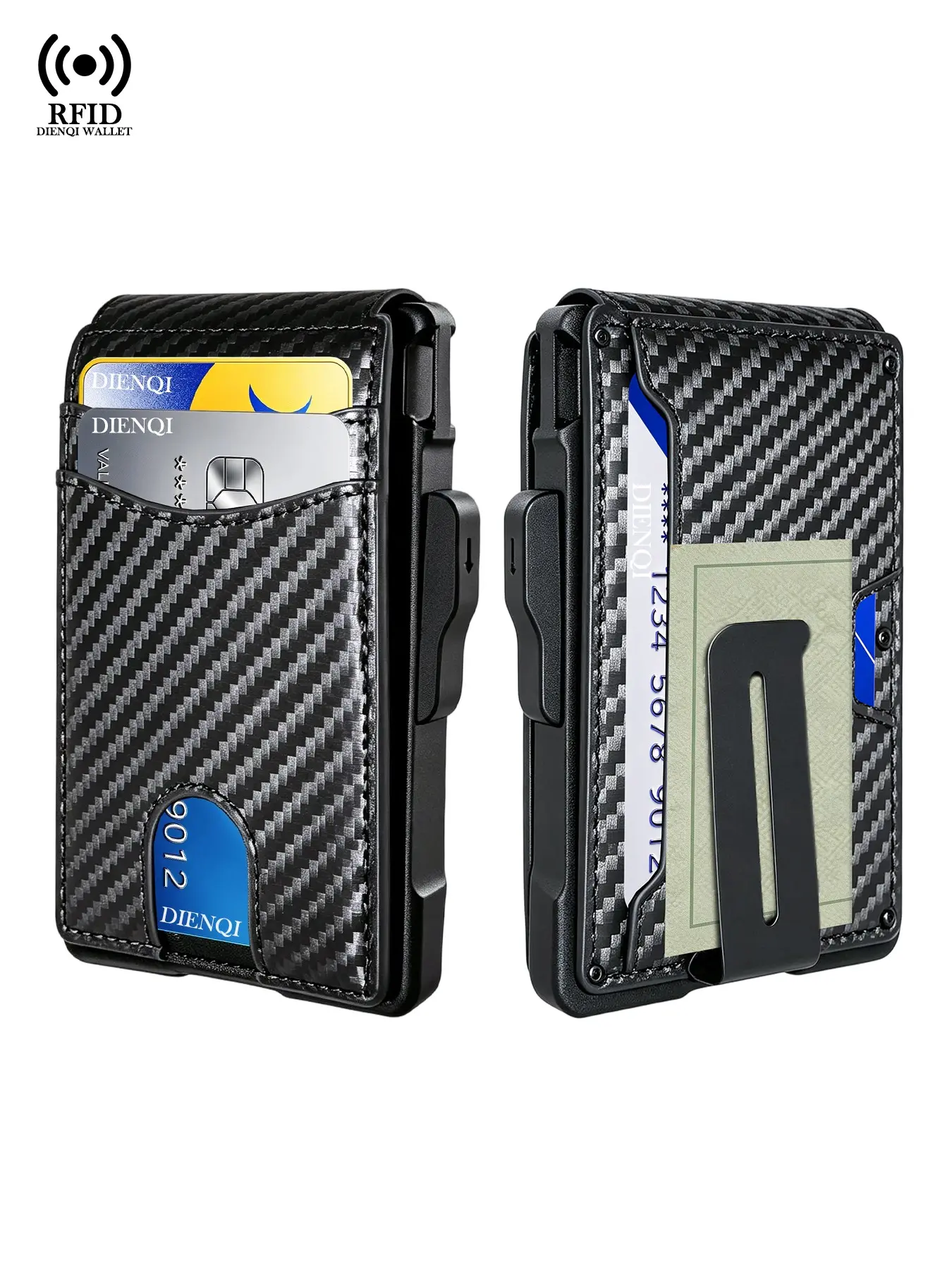 EDC Tactical Wallet for Men, RFID Blocking Carbon Fiber Smart Card Holder with Money Clip, Slim Minimalist Pop Up Bifold Purse, Front Pocket Gift for Him