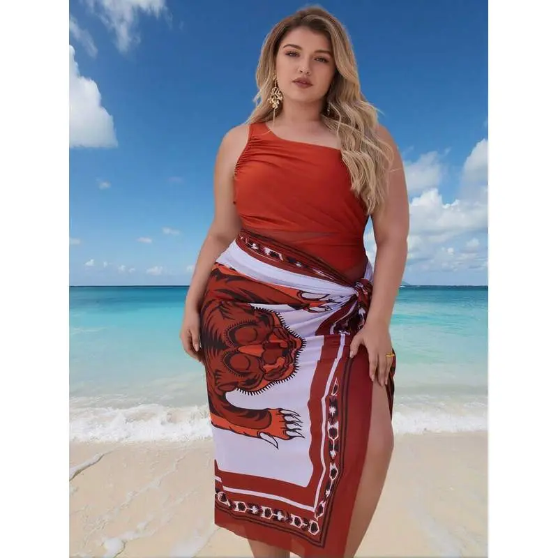 Curvy-Friendly One Shoulder Tankini Set With Tiger Print Sarong, Plus Size Tummy Control 3-Piece Bathing Suit With Sheer Wrap Skirt, Pool & Resort Wear