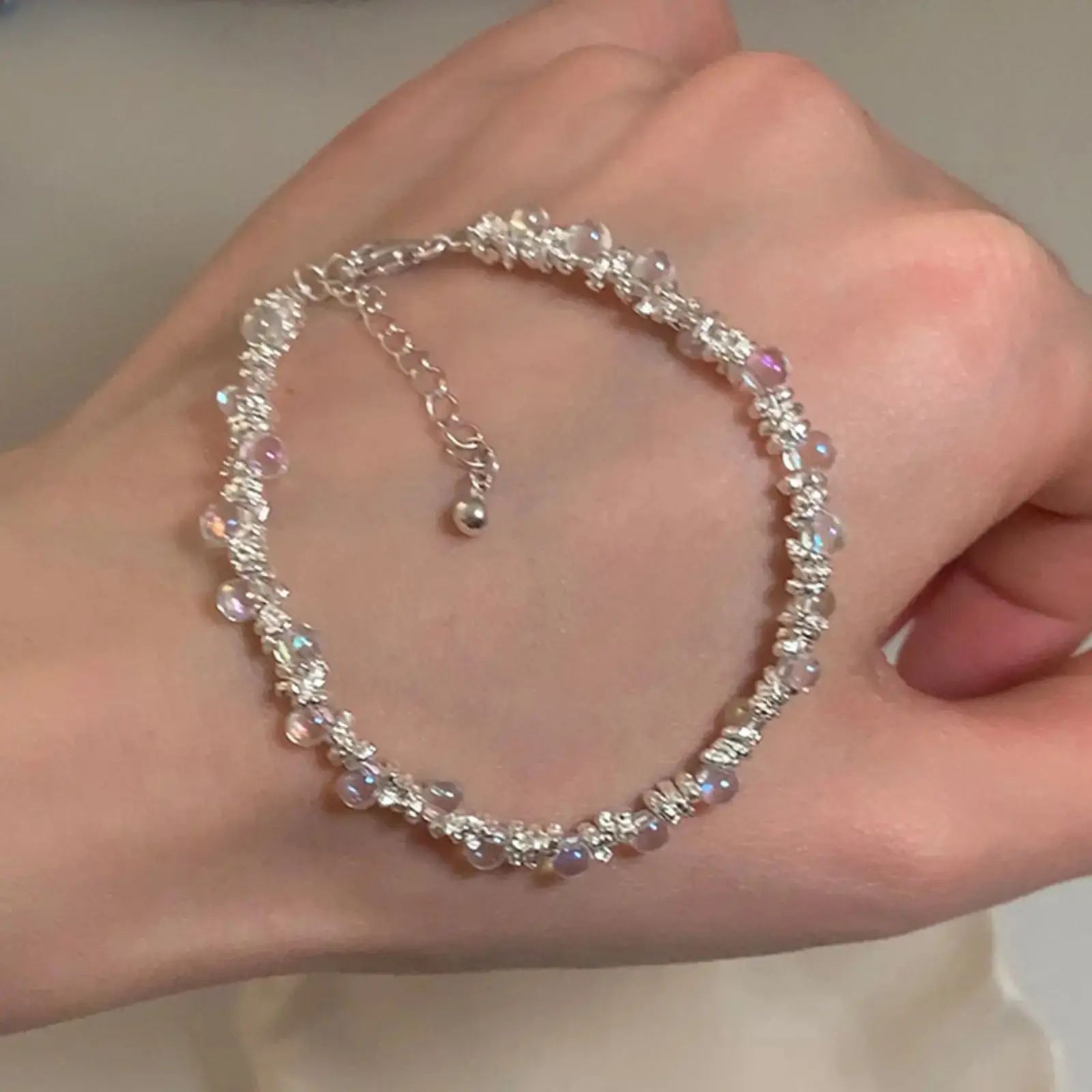 Women's Adjustable Iris Shimmer Bead & Silver Bracelet - Iridescent Aurora Crystal Dainty Niche Wrist Costume Jewelry, All-Match Daily Wear Accessory
