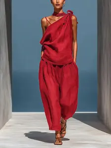 Women's Linen-Style Halter Top with Tie Front, Halter Neck, Casual Loose-Fit Long Pants Set, Two-Piece, Plain Color, Vintage Look