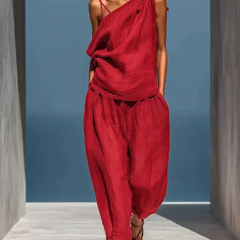 Women's Linen-Style Halter Top with Adjustable Tie Front, Sleeveless, Halter Neck, Casual Loose-Fit Long Pants Set, Two-Piece, Plain Color, Vintage Look, Clothes