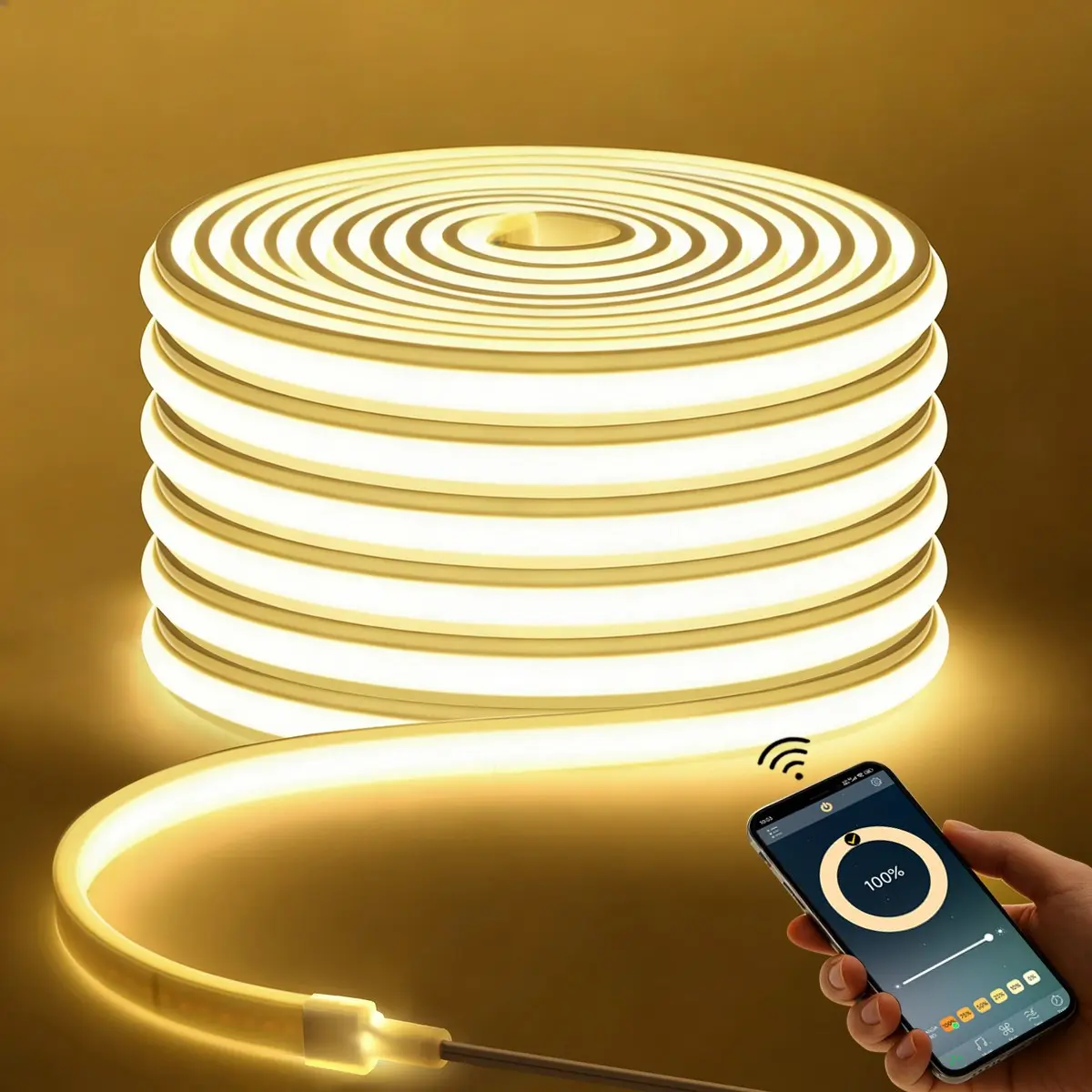 Bluetooth-compatible COB Neon LED Strip Light, Waterproof, Adhesive, APP Controller, Warm, Us Plug, Room Kitchen Decor