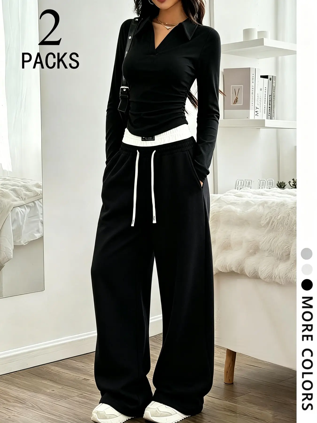 2packs Solid Collar Ruched Long Sleeve Top & Contrast Waist Adjustable Drawstring Wide Leg Sweatpants, Fall Winter Office, Clean Girl Style, Clothes