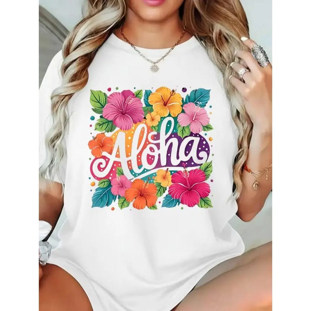 Aloha Tropical Hibiscus Flowers Graphic T Shirt Hawaiian Beach Summer Womens Casual Tee,clothes for back to school,first day of school outfits