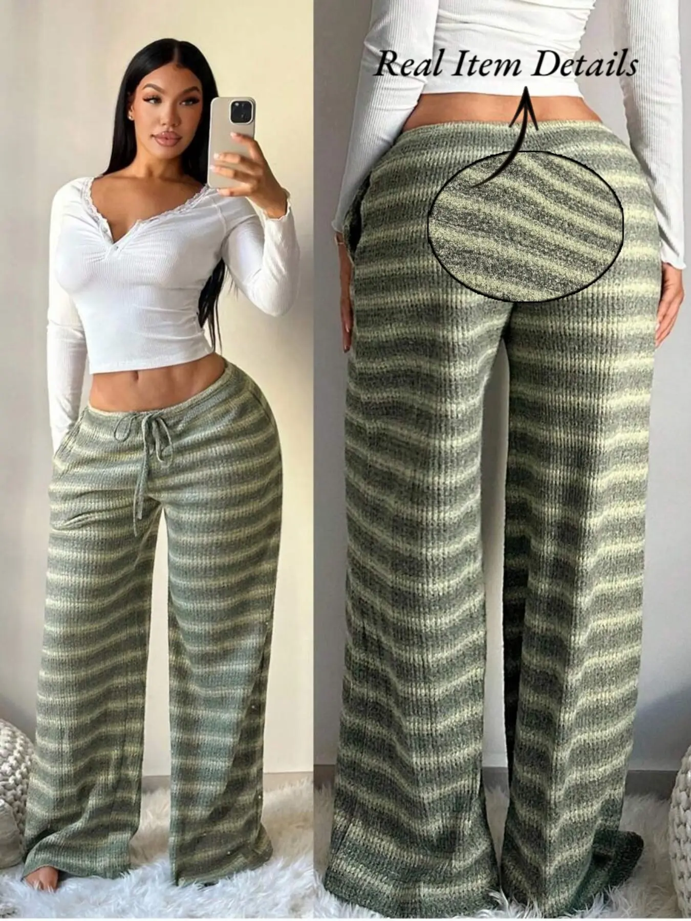 Women's Low Waist Striped Wide Leg Pants, Comfortable Casual Drawstring Lounge Pants, Loose-Fitting Baggy All-Season Home Wear